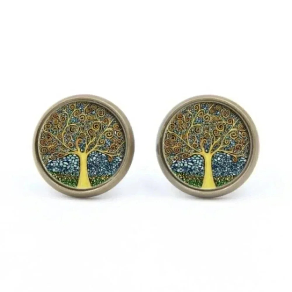 Golden Tree of Life Painting Glass Cabochon Round Antique Bronze Stud Earrings